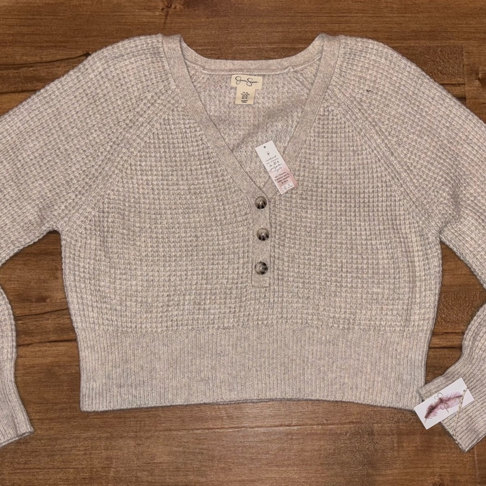 New! Jessica Simpson Heather Gray V-Neck 3 button Sweater super soft Sz XL